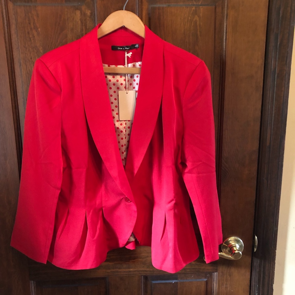 Doe & Rae Red Blazer with Polka Dot Lining Perfect for the Holidays